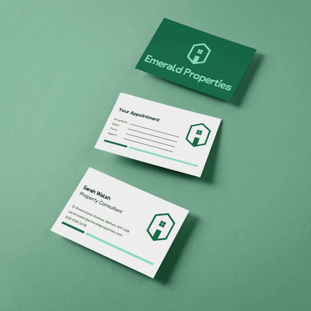 Emerald Properties business card, front and back and appointment card